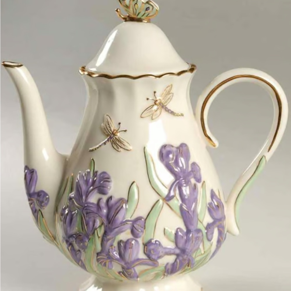 Lenox Springtime Splendor teapot, tea holder and 4 tea bag resters